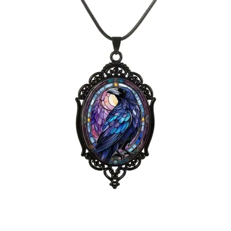 Vintage Raven Glass Pendant Necklace – Oval Multicolored Stained Pattern, Gothic Bird Jewelry, Perfect Retro Accessory for Women & Men